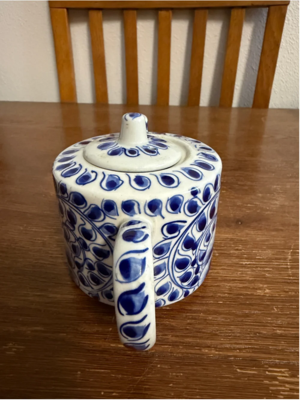 Vintage Hand Painted Blue White Floral Ceramic Teapot with Lid Folk Art Pottery